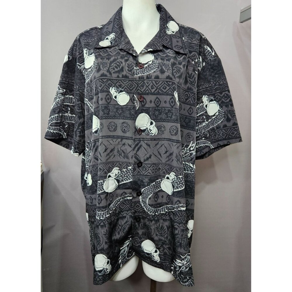Men Hawaiian Shirt XL Black Grey White Dragon Skull Graphic Button Short Sleeve